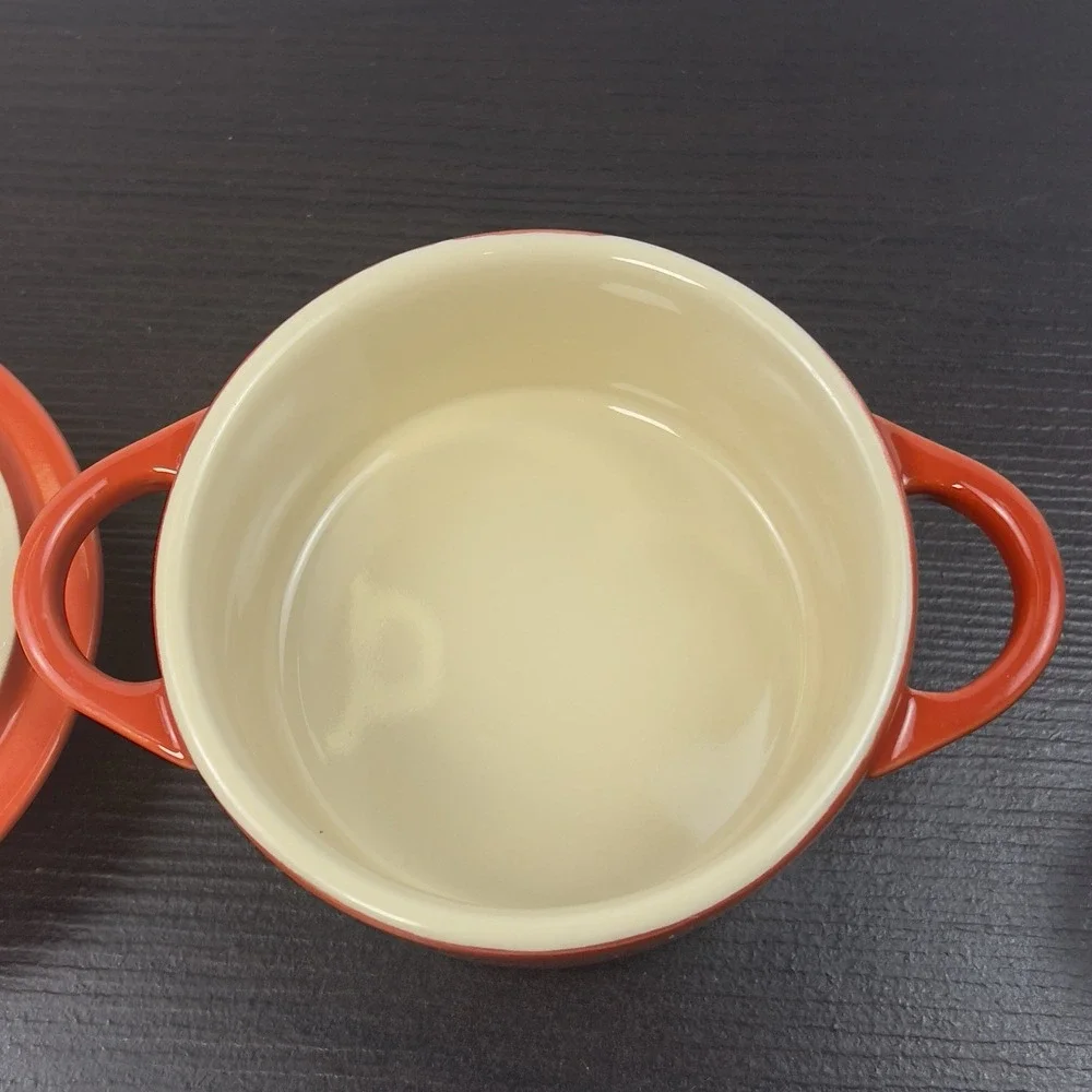 Le Creuset 2X Mini Round Cocotte 8 oz Cerise Stoneware Set of 2 w/Lids New Red